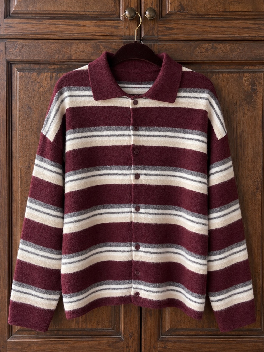 Striped Collared Button-Up Cardigan in Burgundy and Cream